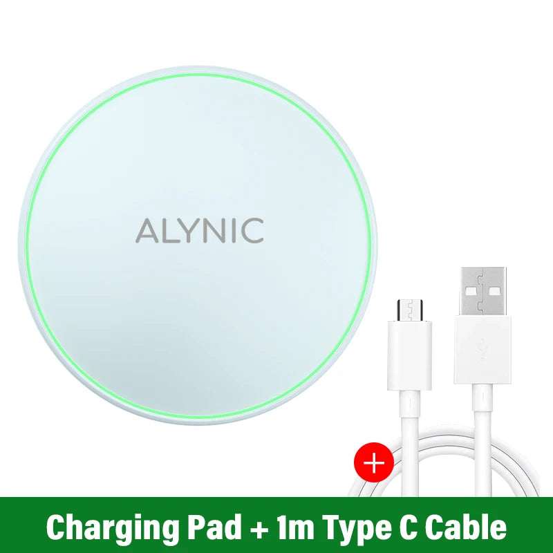 Wireless charging pad with Type C cable on a white background, featuring the brand 'ALYNIC'.