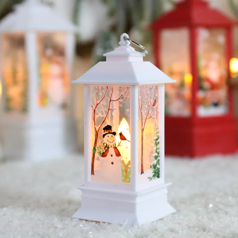 Decorative lantern with a snowman design on a snowy background