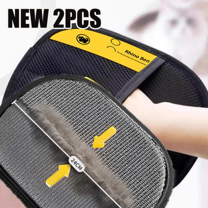 Two car seat belts with 'Rhino Ben' branding on a blurred background