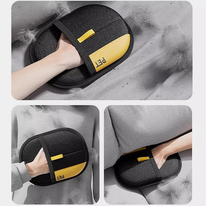 Black pet slippers with yellow 'PET' label worn by a person on a gray background