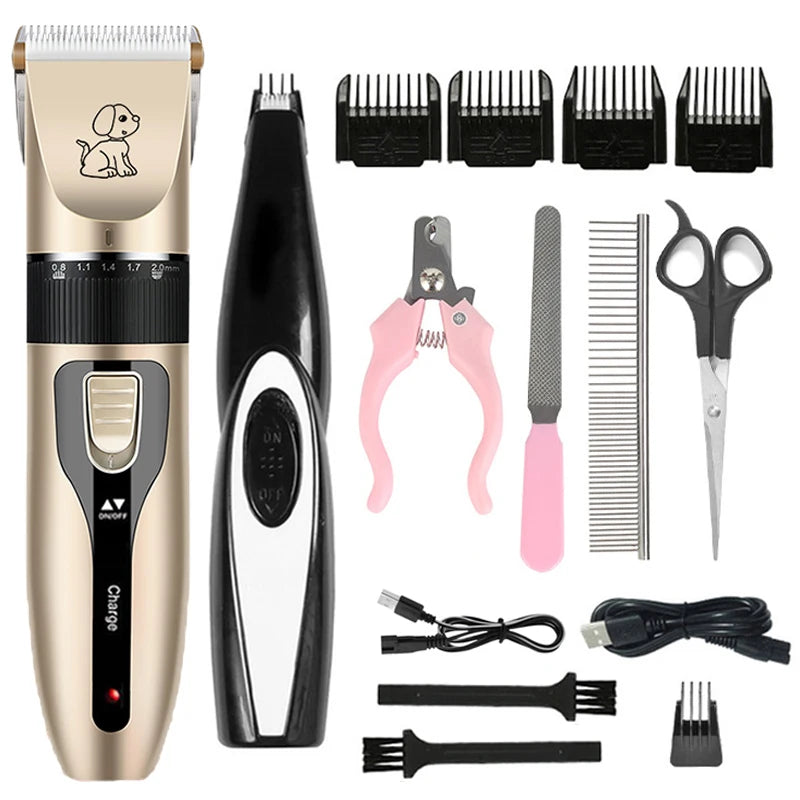 Pet grooming kit with clippers, scissors, and various attachments on a white background