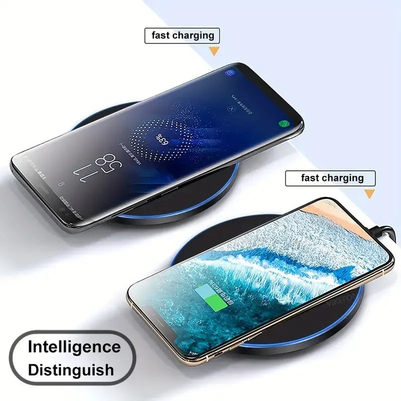 Two smartphones on wireless chargers with text indicating fast charging and intelligence.