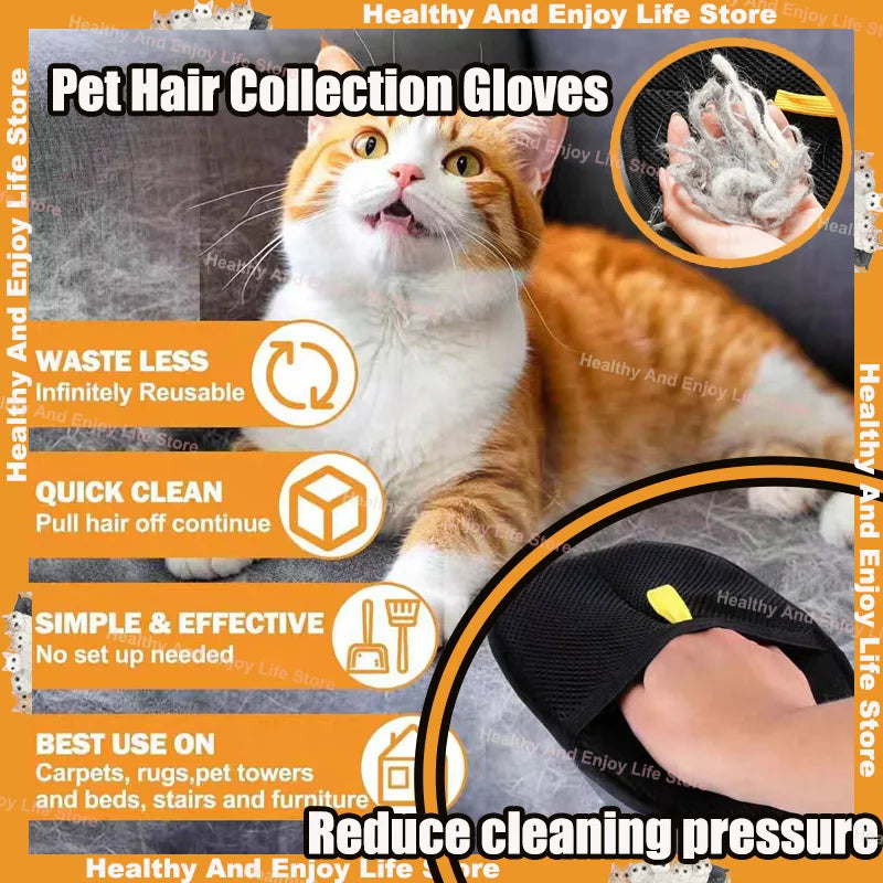 Pet hair collection gloves with a cat and text highlighting features