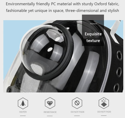 Close-up of a product with text highlighting environmentally friendly PC material and Oxford fabric, set against a light blue background.
