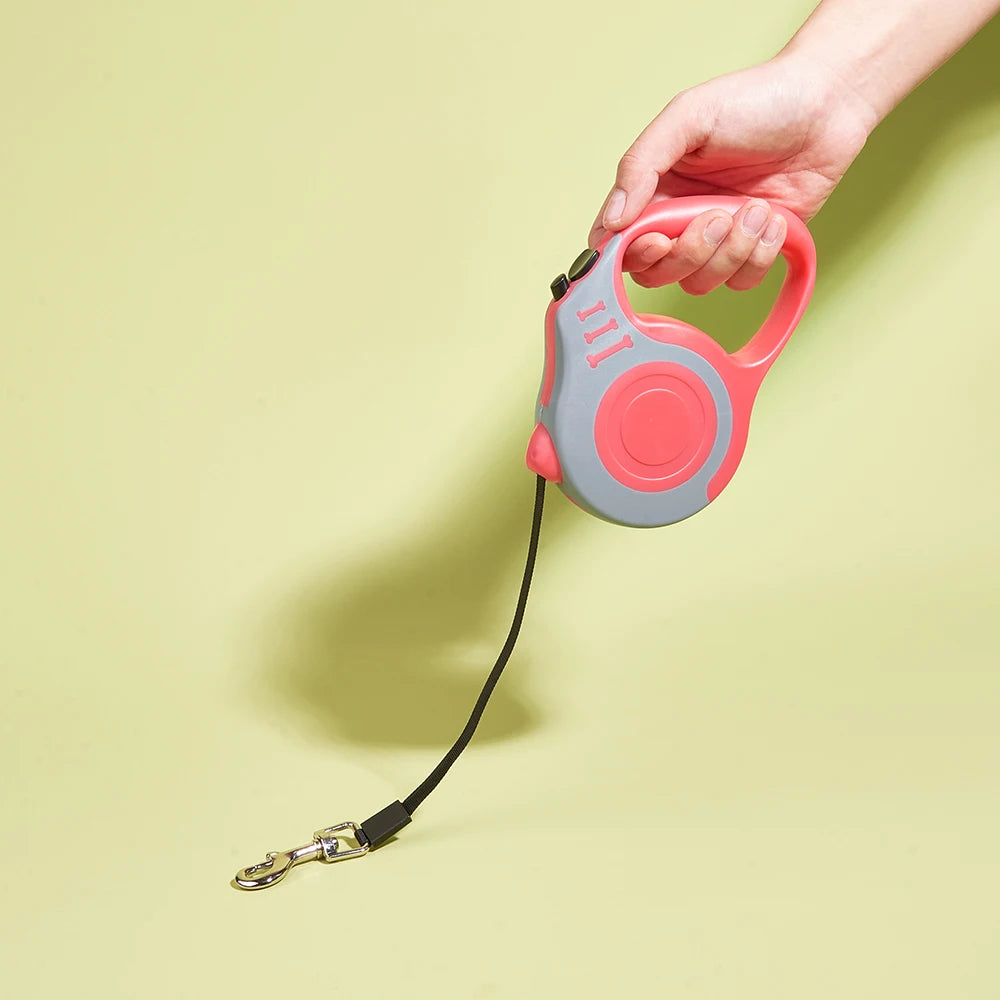 Person holding a pink and gray retractable dog leash on a light green background