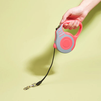 Person holding a pink and gray retractable dog leash on a light green background