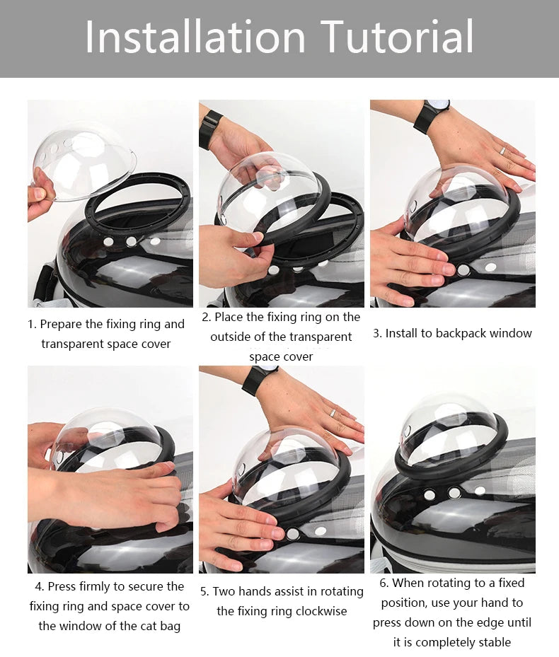 Step-by-step installation tutorial for a cat bag with fixing ring and transparent space cover.