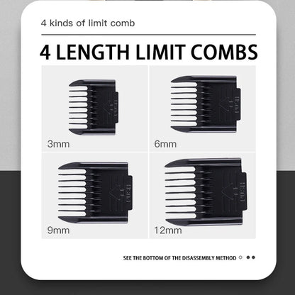 Four length limit combs with sizes 3mm, 6mm, 9mm, and 12mm on a white background.
