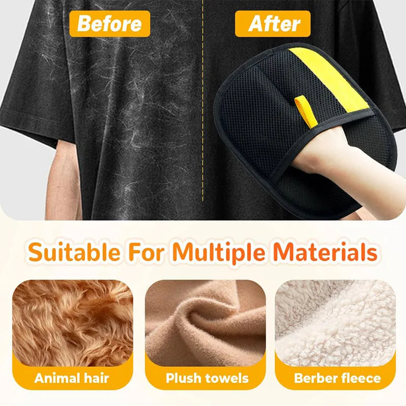 Before and after comparison of a garment cleaning product on a black shirt, with text indicating suitability for multiple materials.