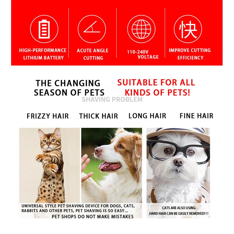 Advertisement for a pet grooming device with images of cats, dogs, and a rabbit, highlighting features and suitability for different pet hair types.