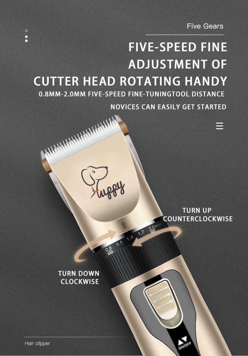 Dog grooming clipper with brand logo on a gray background