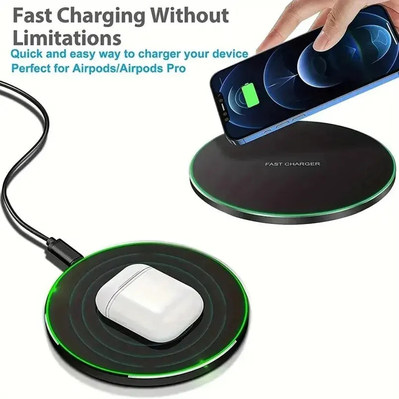 Wireless charging pad with smartphone and Airpods on a white background