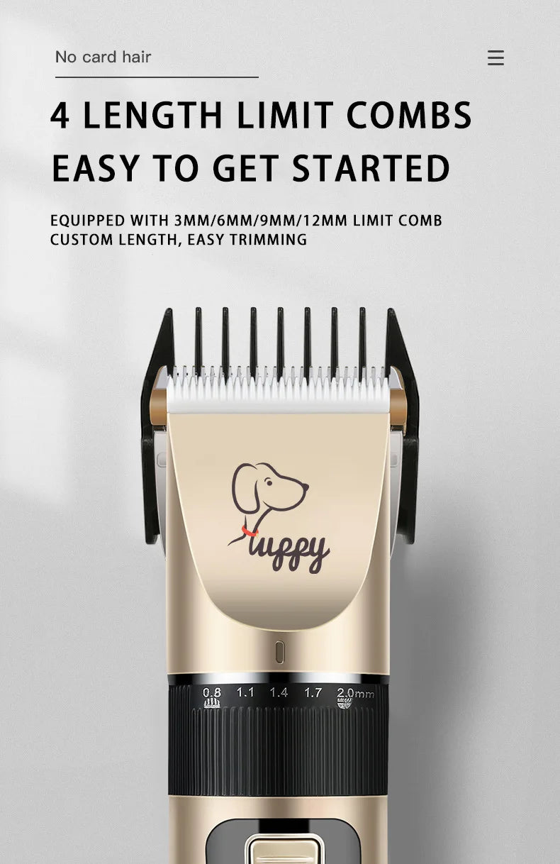 Dog grooming trimmer with text on a gray background