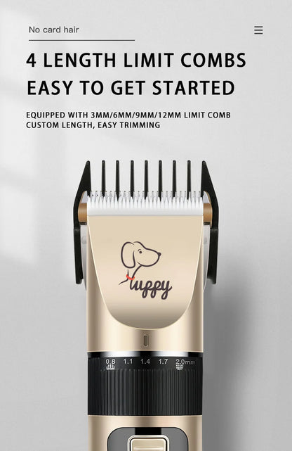 Dog grooming trimmer with text on a gray background