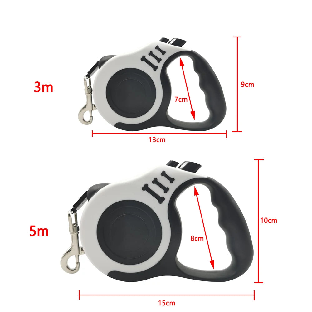 Measurement chart of a retractable dog leash with dimensions labeled.