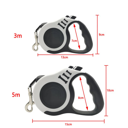 Measurement chart of a retractable dog leash with dimensions labeled.