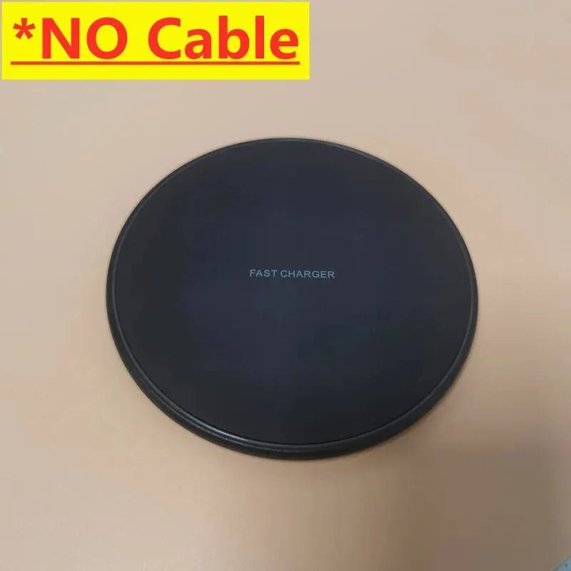 Black wireless charger on a beige background with 'NO Cable' text above it.