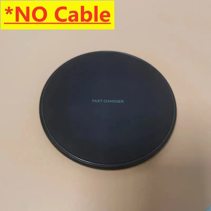 Black wireless charger on a beige background with 'NO Cable' text above it.