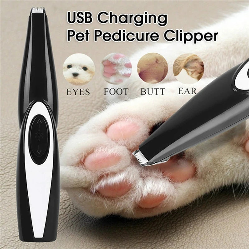 Pet grooming clipper with a close-up of a paw being trimmed, labeled for different grooming areas.