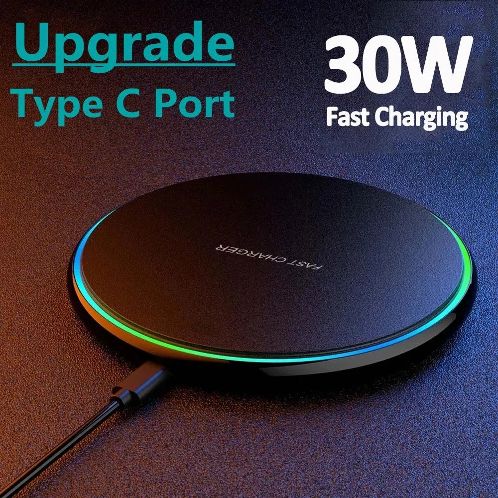 Wireless charger with Type C port and 30W fast charging text on a dark background
