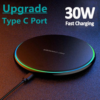 Wireless charger with Type C port and 30W fast charging text on a dark background