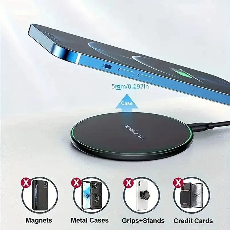 Wireless charging pad with smartphone on a white background