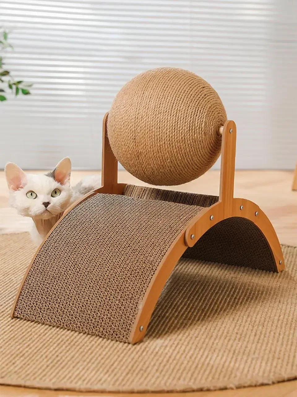 2-in-1 Cat Scratching Ball with Wooden Base – Sisal Scratch Board & Paw Grinding Toy