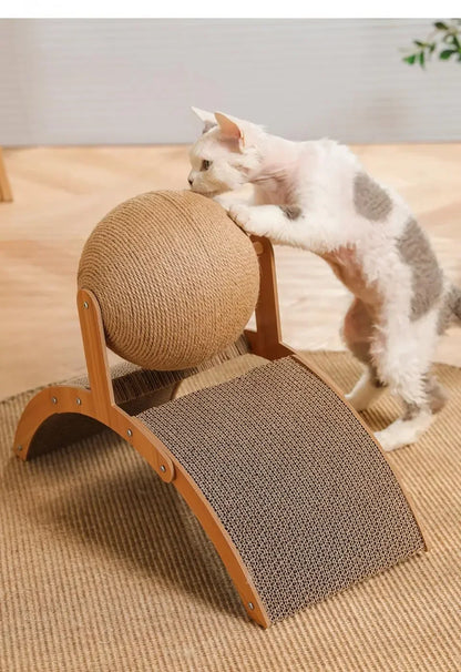 2-in-1 Cat Scratching Ball with Wooden Base – Sisal Scratch Board & Paw Grinding Toy