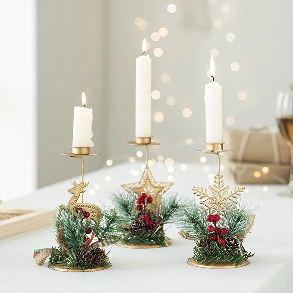 Christmas Candle Holder – Golden Iron Snowflake, Star, Tree & Reindeer Candlestick