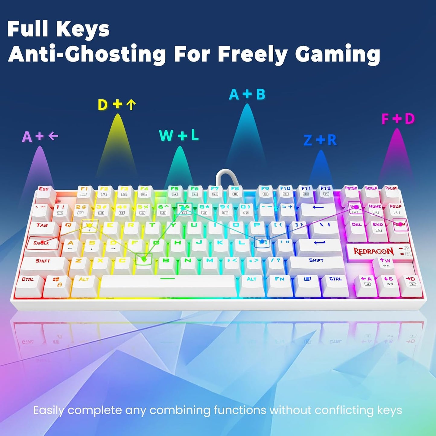 K552P RGB Mechanical Gaming Keyboard - Compact TKL Design, Hot-Swappable Red Switches, 18 Backlight Modes, N-Key Rollover & Programmable Macros - White