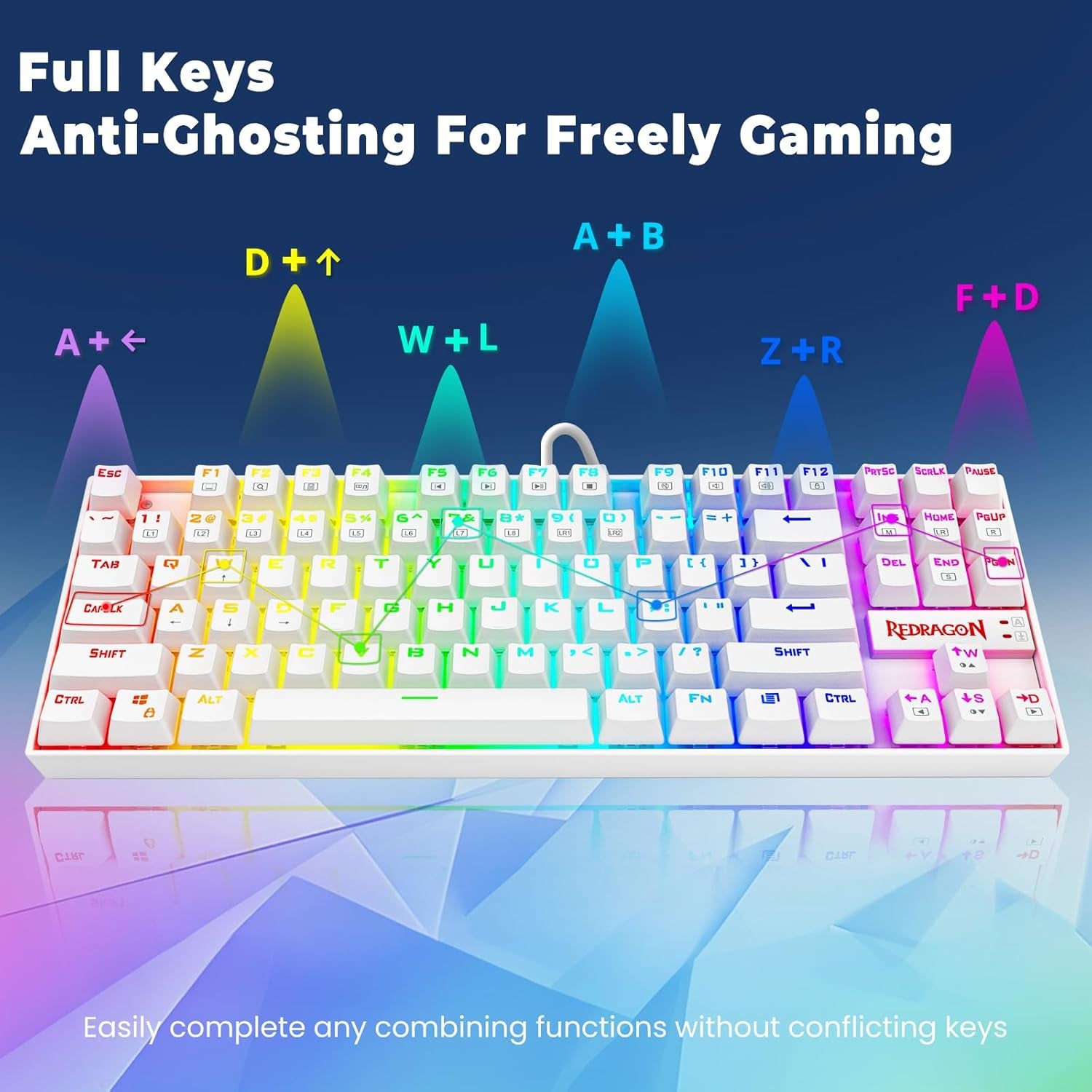 K552P RGB Mechanical Gaming Keyboard - Compact TKL Design, Hot-Swappable Red Switches, 18 Backlight Modes, N-Key Rollover & Programmable Macros - White