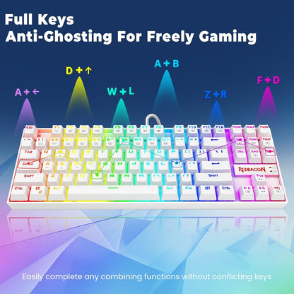 K552P RGB Mechanical Gaming Keyboard - Compact TKL Design, Hot-Swappable Red Switches, 18 Backlight Modes, N-Key Rollover & Programmable Macros - White
