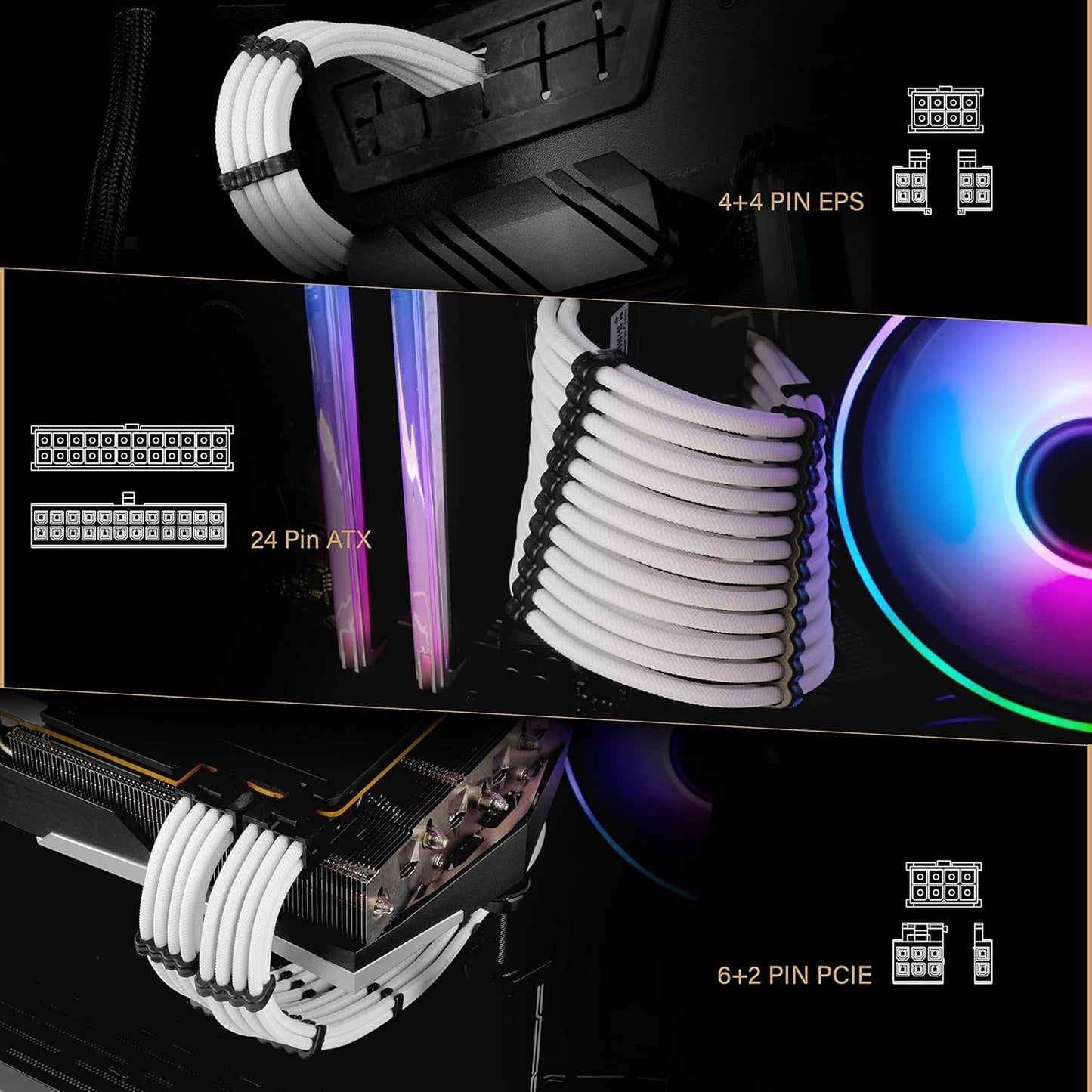 Custom PSU Extension Cable - 30CM Soft Nylon Braided Sleeved PC Power Supply Cable with Comb Kit - 24PIN/8PIN to 6+2PIN/8PIN to 4+4PIN - Stylish White