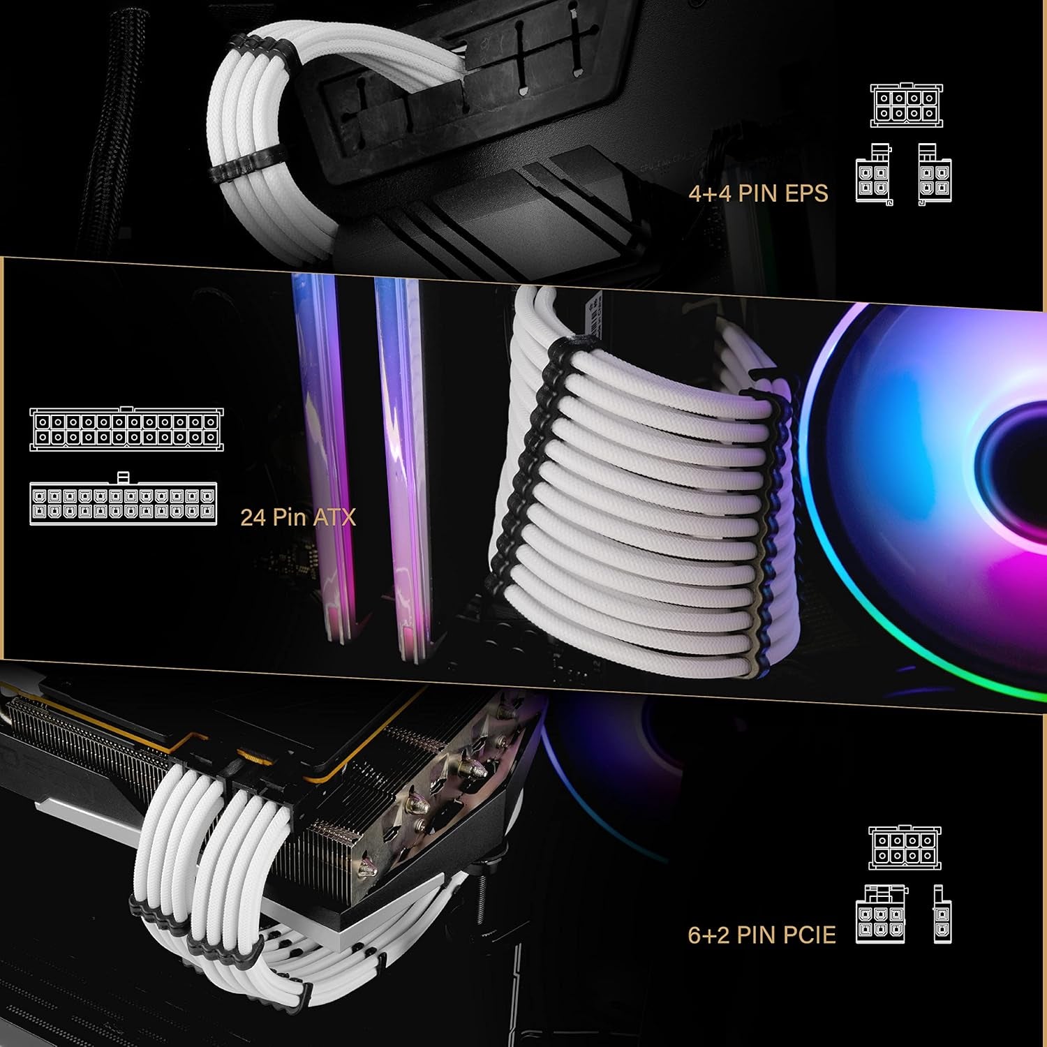 Custom PSU Extension Cable - 30CM Soft Nylon Braided Sleeved PC Power Supply Cable with Comb Kit - 24PIN/8PIN to 6+2PIN/8PIN to 4+4PIN - Stylish White