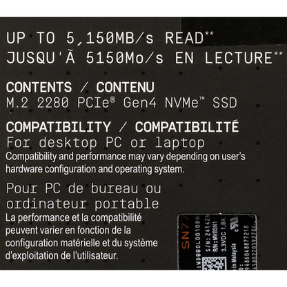 Ultra-Fast Black 1TB SN770 NVMe SSD - Gen4 PCIe M.2 2280 – Speeds Up to 5,150 MB/s
