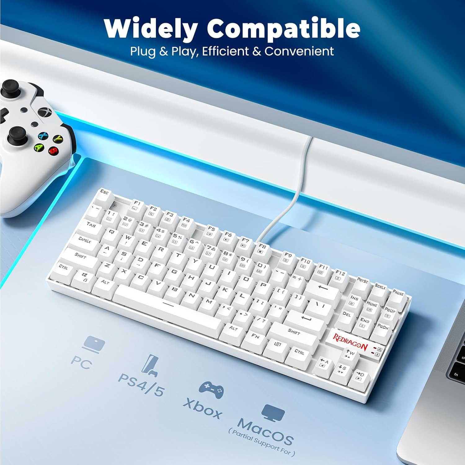 K552P RGB Mechanical Gaming Keyboard - Compact TKL Design, Hot-Swappable Red Switches, 18 Backlight Modes, N-Key Rollover & Programmable Macros - White