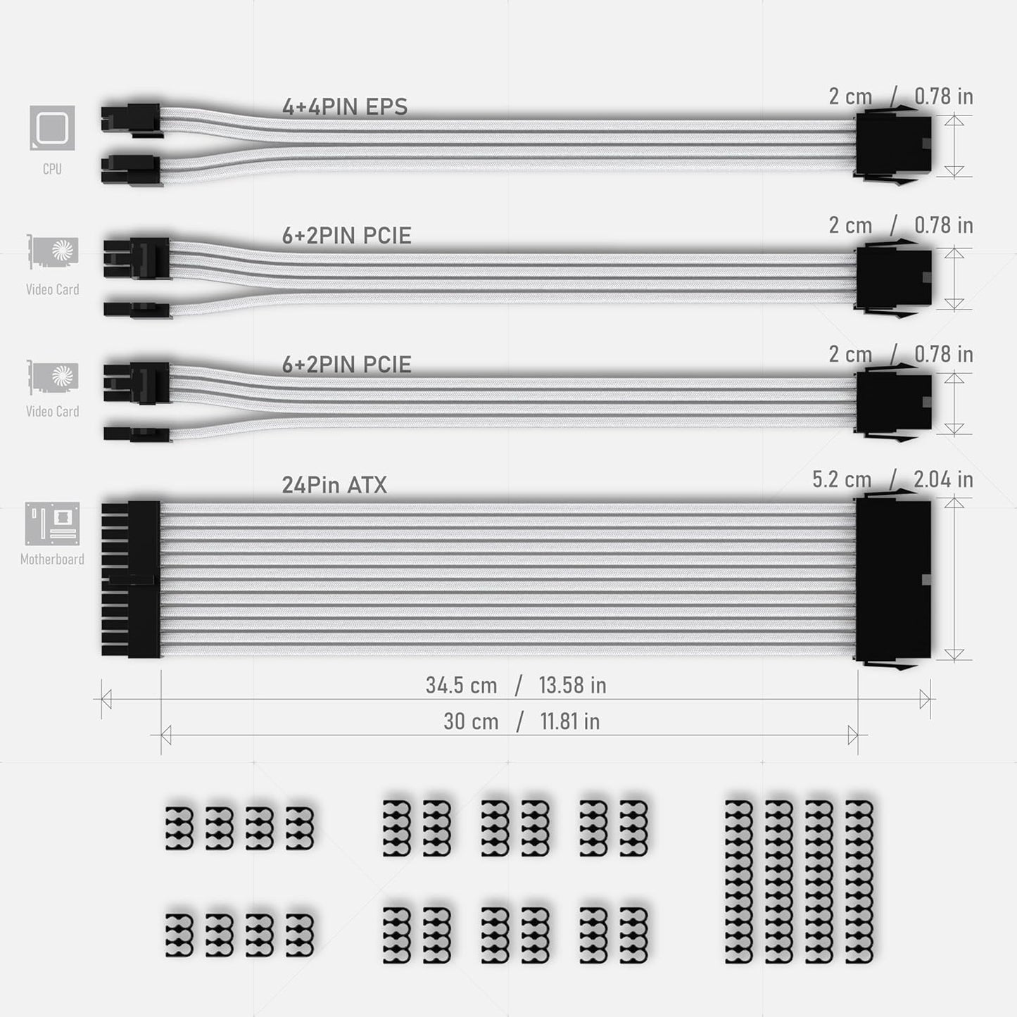Custom PSU Extension Cable - 30CM Soft Nylon Braided Sleeved PC Power Supply Cable with Comb Kit - 24PIN/8PIN to 6+2PIN/8PIN to 4+4PIN - Stylish White