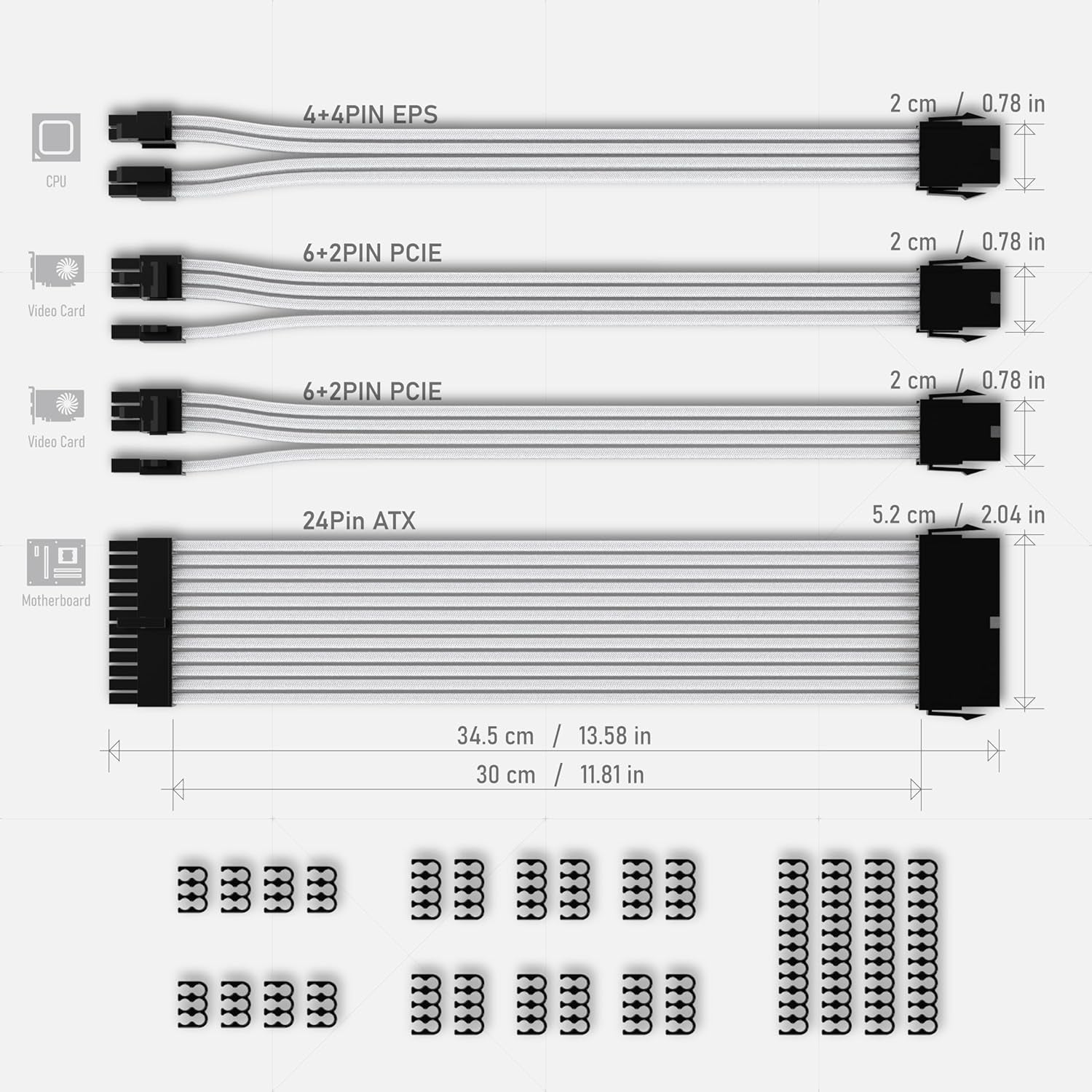 Custom PSU Extension Cable - 30CM Soft Nylon Braided Sleeved PC Power Supply Cable with Comb Kit - 24PIN/8PIN to 6+2PIN/8PIN to 4+4PIN - Stylish White