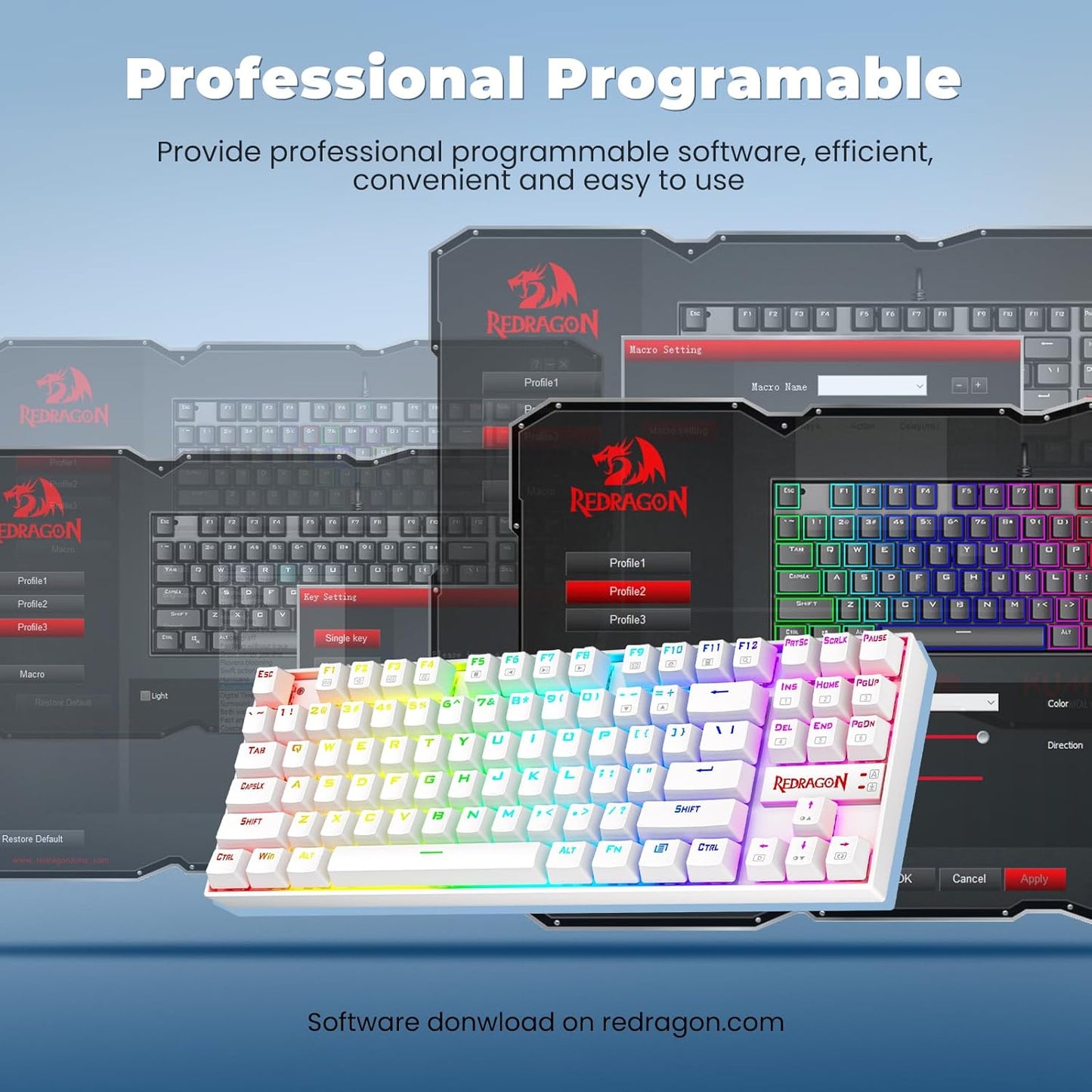 K552P RGB Mechanical Gaming Keyboard - Compact TKL Design, Hot-Swappable Red Switches, 18 Backlight Modes, N-Key Rollover & Programmable Macros - White
